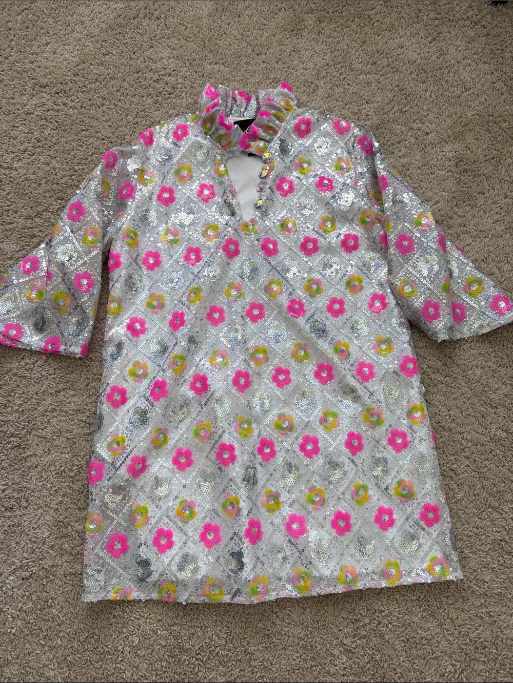 Brianna Cannon Silver Sequin Floral Shift Dress with Pink Accents
